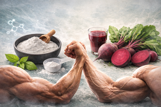TWO MAN showing their muscles and images comparing beet root and citrulline